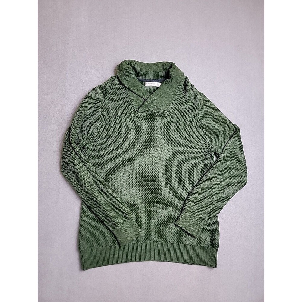 Nautica Shawl Collar Sweater Mens Large Olive Green Waffle Knit Cotton Pullover